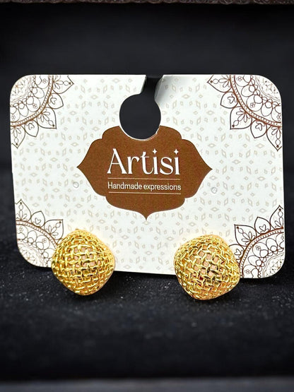 Gold-Toned Mesh Dome Stud Earrings | Textured Round Design | Handmade Fashion Jewellery