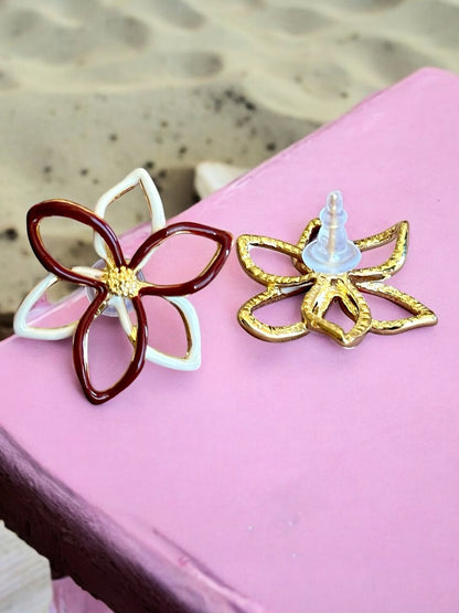 Maroon & White Flower Stud Earrings | Gold Tone | Anti-Tarnish Finish | Elegant Handcrafted Jewelry for Women